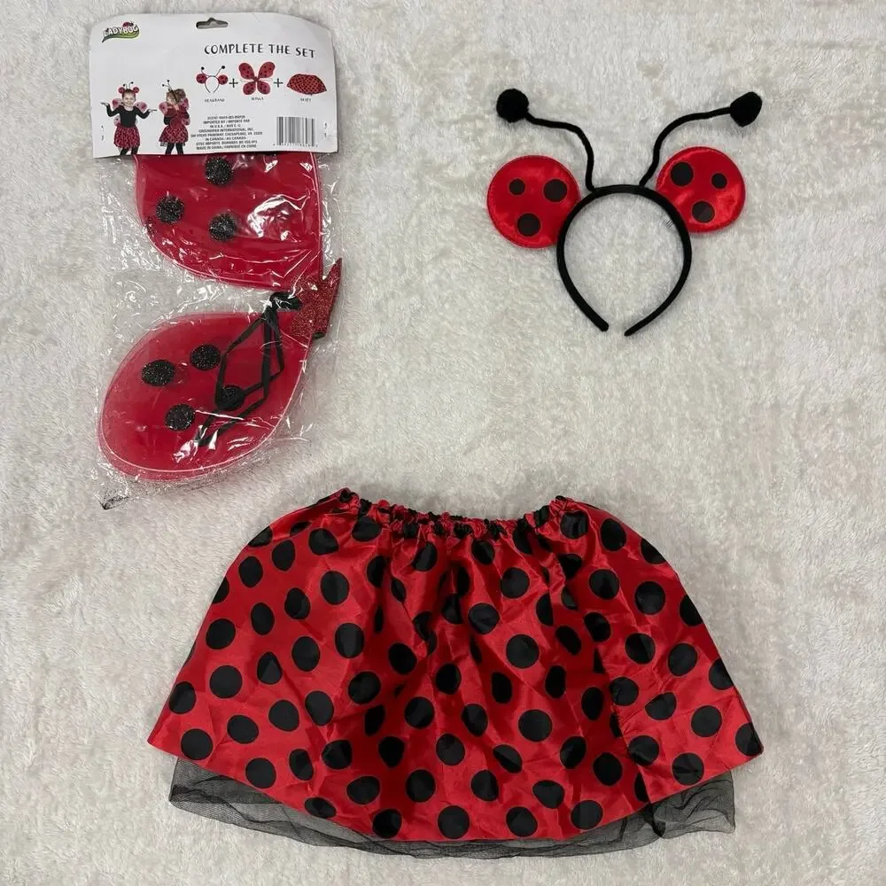 Kids Ladybug Costume One Size Skirt Wings Antenna Headband Halloween 3 Piece
